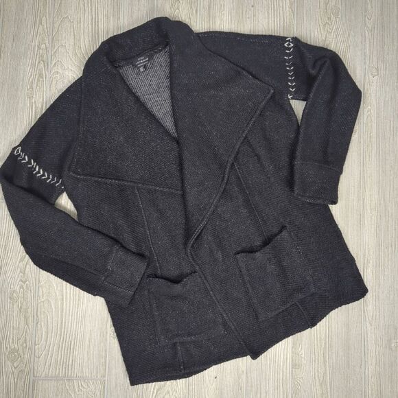 Lucky Brand Women Medium Flyaway Cardigan Sweater Jacket Coat Black White - Picture 1 of 11